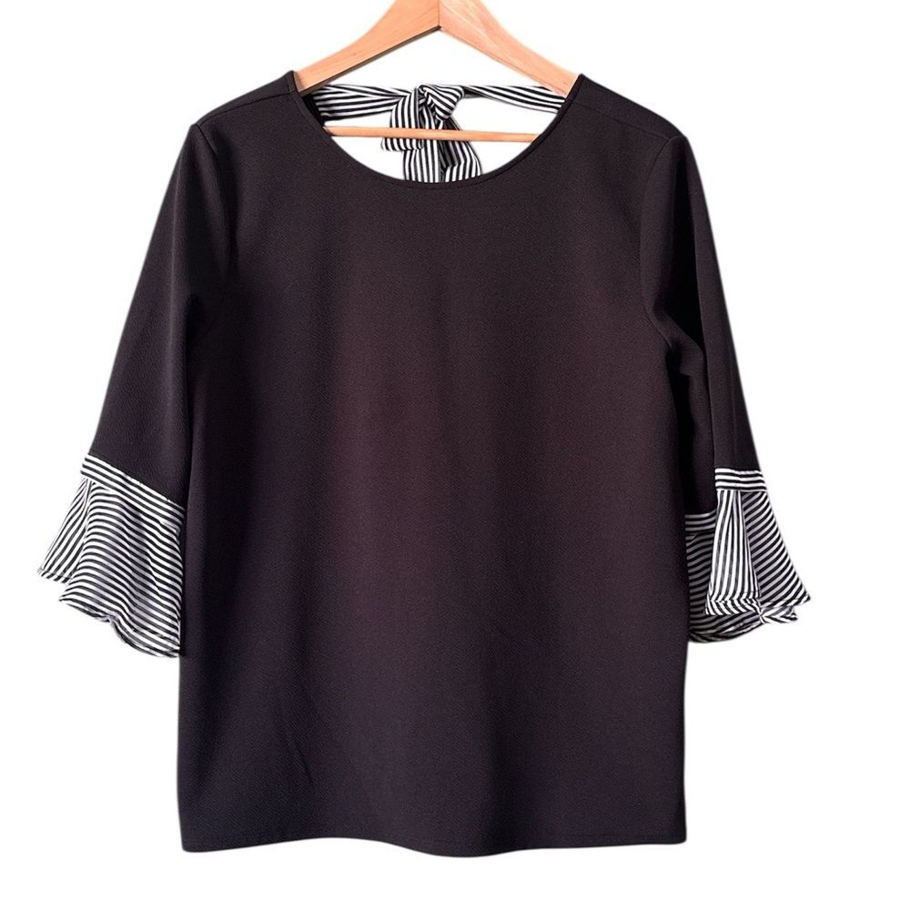 Chico's Black White Tie back Striped Flowy Sleeve Blouse Sz 3 XL